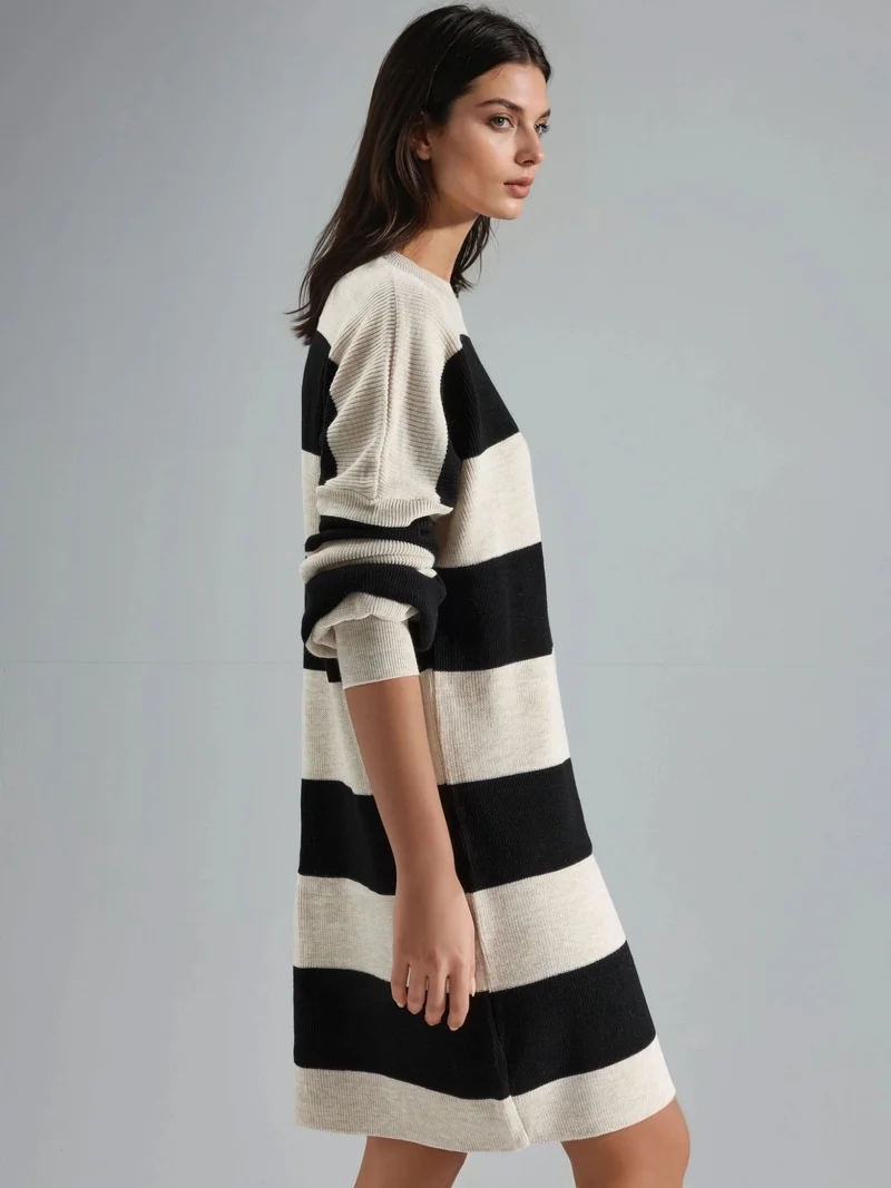 MY FASHION Natural MY FASHION Striped Mini Dress with Crew Neck for Women | Best Price UAE